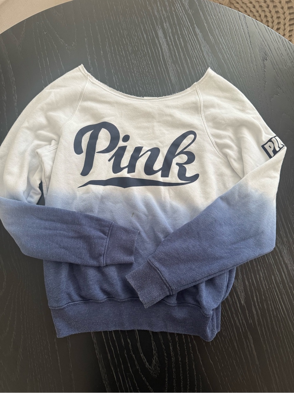Victoria's Secret PINK Ombre Off-the-Shoulder Sweatshirt in White and Navy